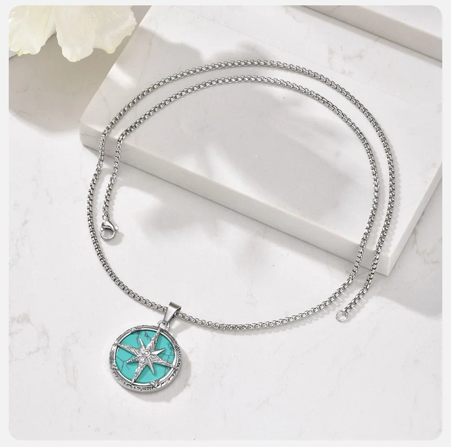 Stainless Steel Eight Awn Star Turquoise Pendant Necklace 24x28x6.2mm Hypoallergenic Jewelry Vintage Gifts for Men Women