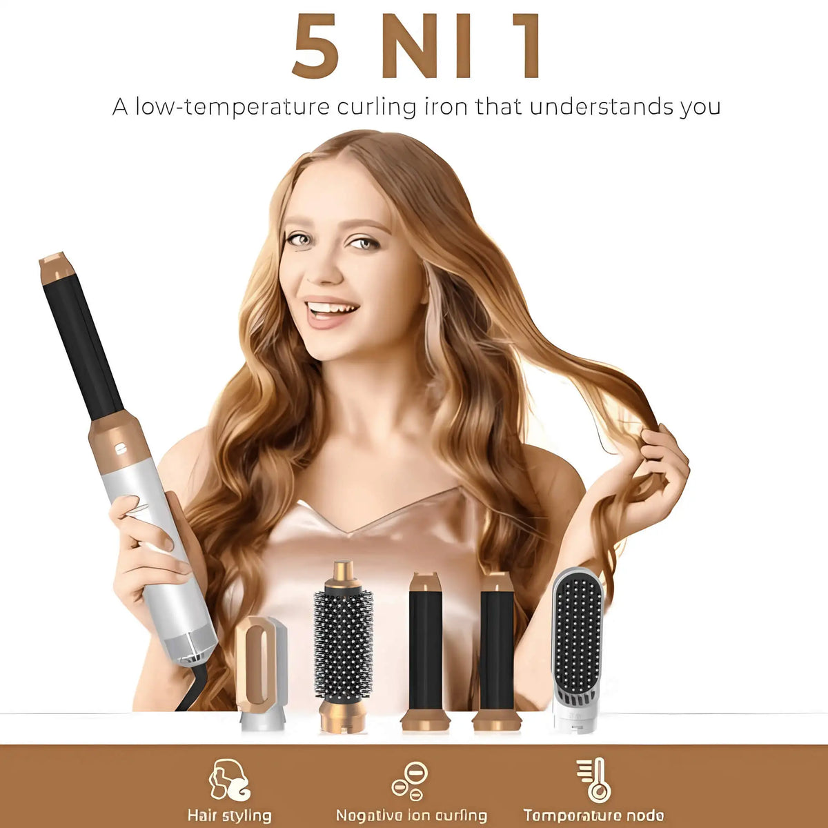 5 In 1 Hair Dryer Hot Air Comb For Curling Straightening And Volumizing Hair With Detachable Attachments