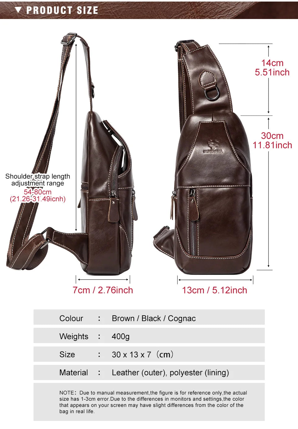 Miami Design- HUMER™ Unisex Genuine Leather Sling Bag – Anti-Theft & Anti-Pickpocket Design- For Travel, Hikking and Urban Use