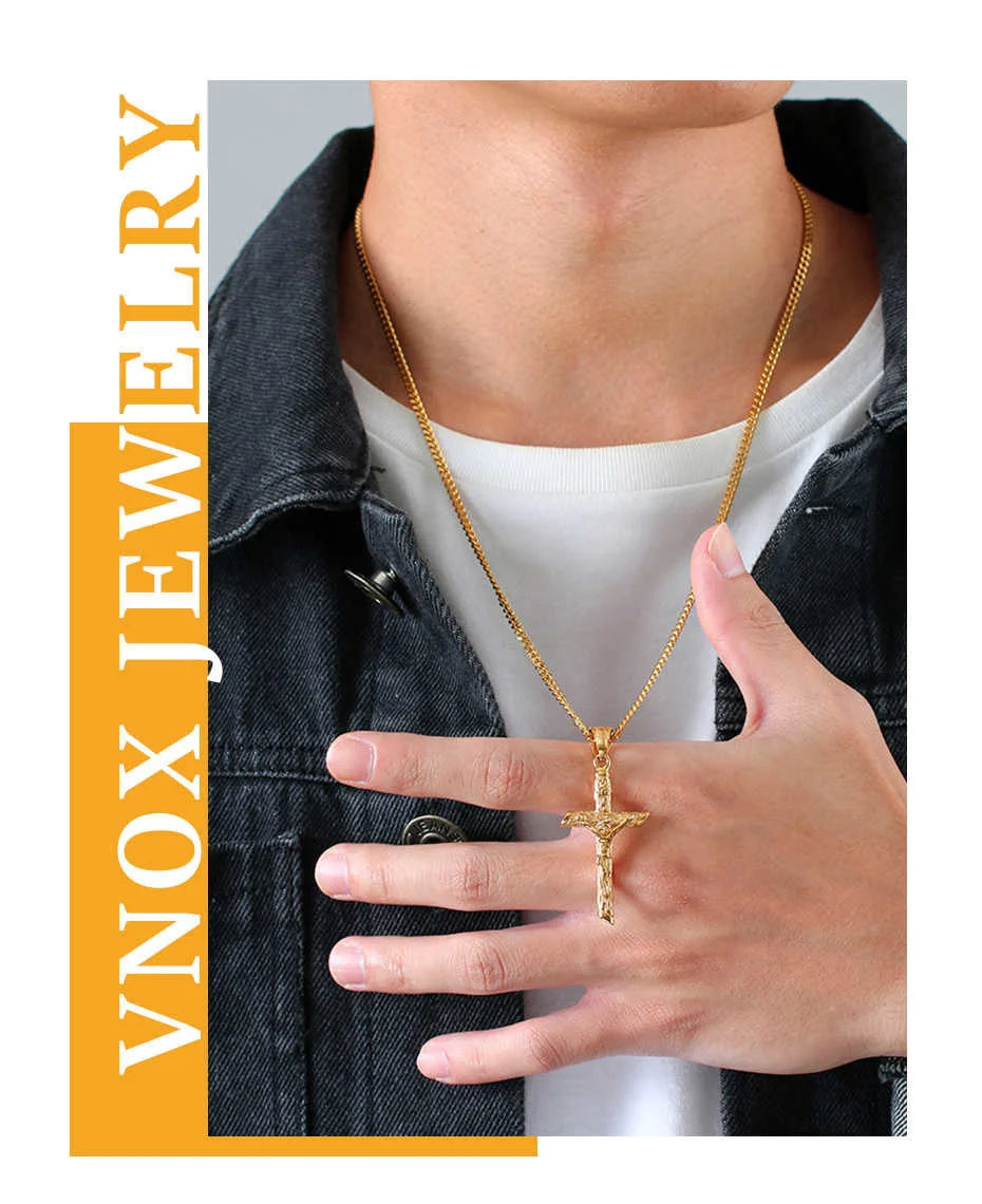 Gold Cross Necklace – Unisex Stainless Steel Jesus Pendant, Catholic Faith Jewelry