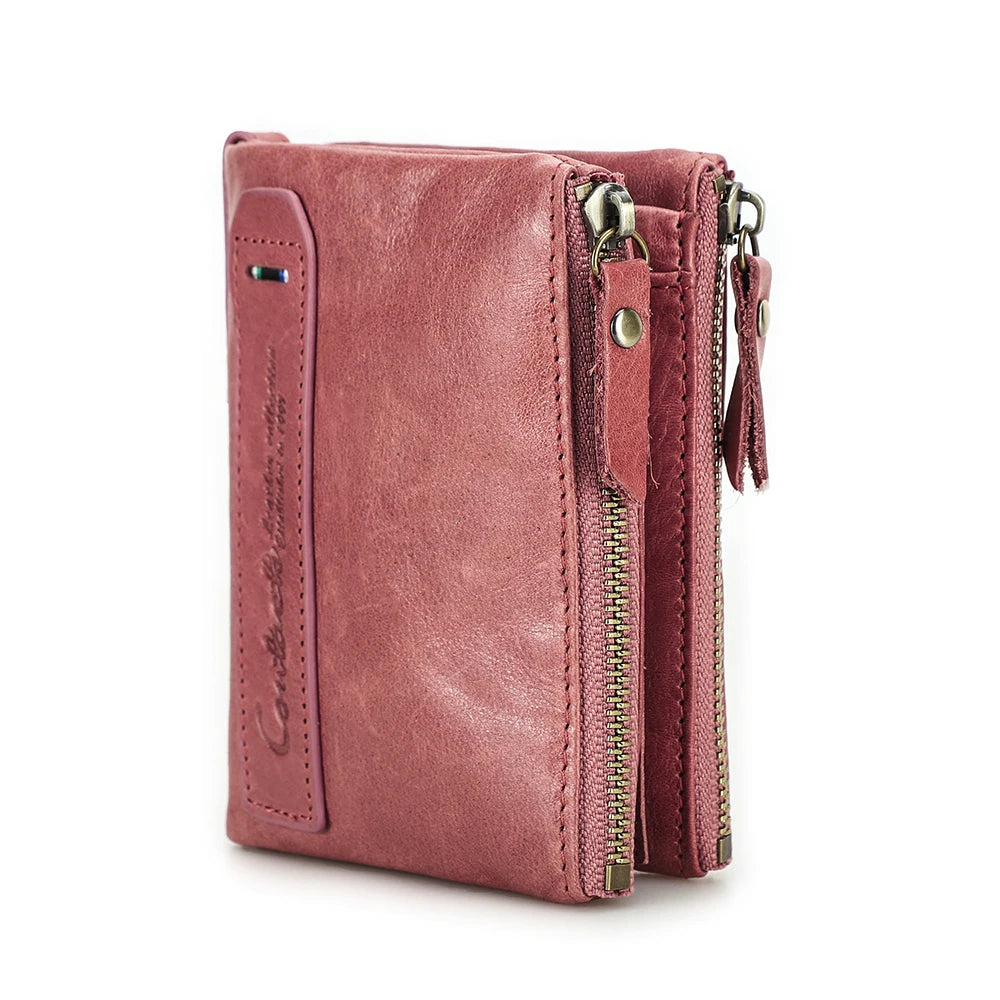 Billetera de cuero genuina Marca de lujo Doble Pe Small Coin Moned Purse Femenino Money Bag Tarjeta de identificación Tarjeta de identificación