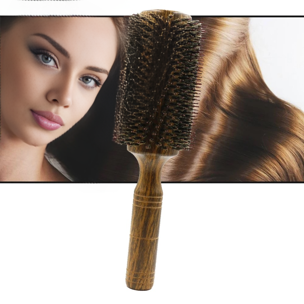 Spazzola per capelli rotonda professionale con setole di cinghiale per donne e uomini, pettine per acconciature, parrucchiere, parrucchiere, spazzola rotonda in legno