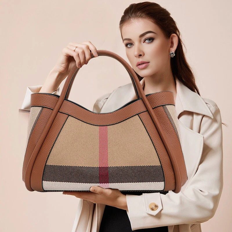 Canvas & Cowhide Leather BB Handbag – Luxury Retro Checkered Tote for Women | Large Capacity & Timeless Style