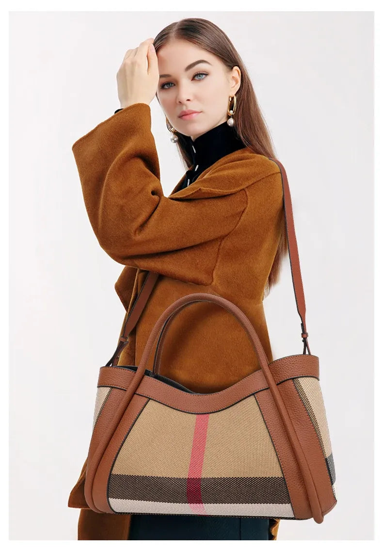Canvas & Cowhide Leather BB Handbag – Luxury Retro Checkered Tote for Women | Large Capacity & Timeless Style