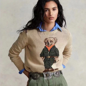 Women's Embroidered Knitted Sweater – Pure Cotton Winter Pullover with Cartoon Bear Design