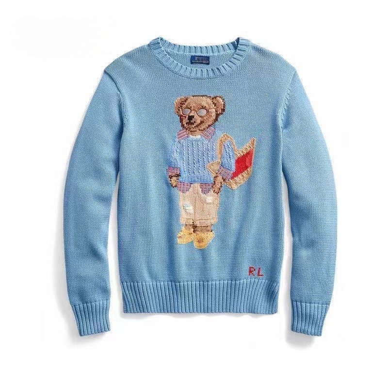 Women's Embroidered Knitted Sweater – Pure Cotton Winter Pullover with Cartoon Bear Design