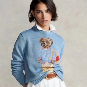 Women's Embroidered Knitted Sweater – Pure Cotton Winter Pullover with Cartoon Bear Design