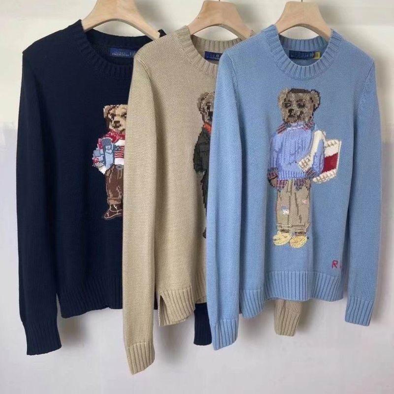 Women's Embroidered Knitted Sweater – Pure Cotton Winter Pullover with Cartoon Bear Design