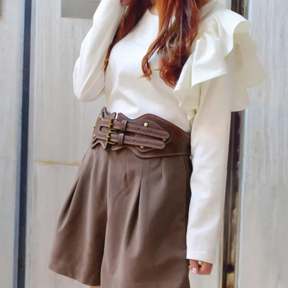 Ceinture Crazy Horse cuir Double boucle ardillon ceinture large élastique femme tout match ceinture manteau femme