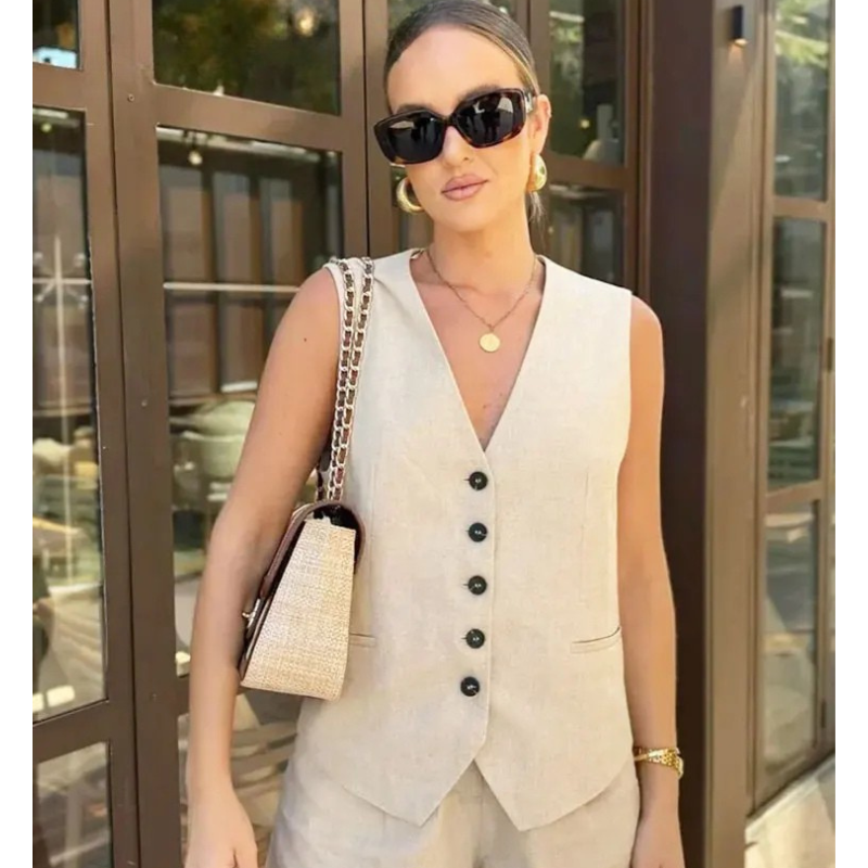 Women’s Linen Vest Shorts Set – V Neck Chic Summer Casual  Office Outfit