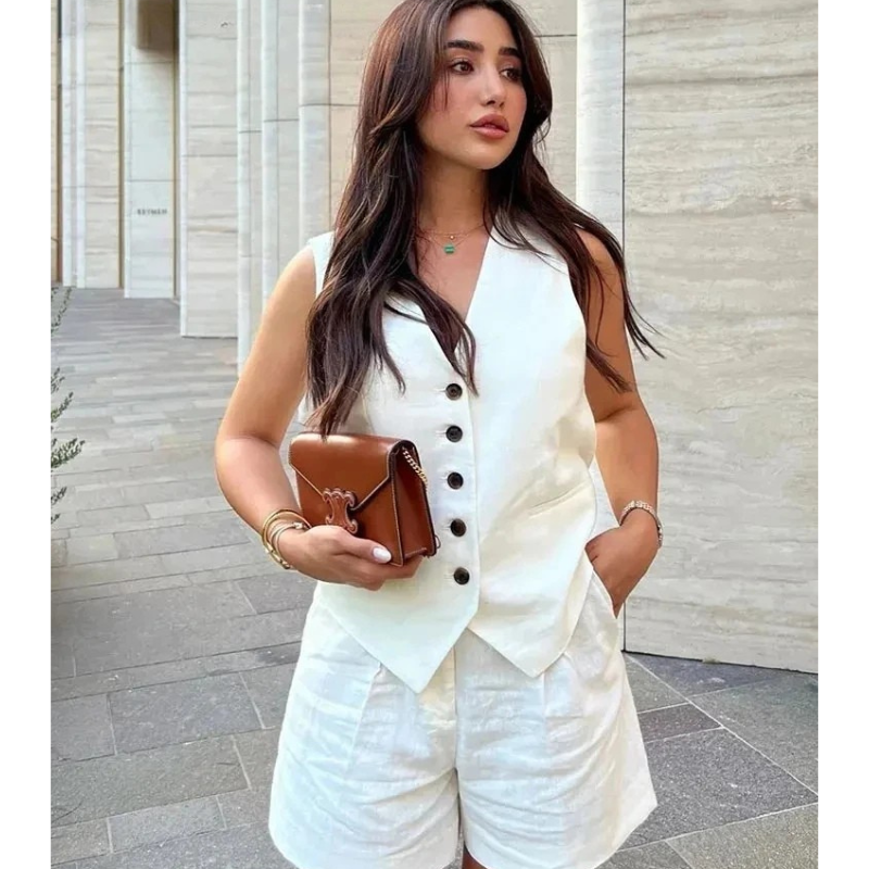 Women’s Linen Vest Shorts Set – V Neck Chic Summer Casual  Office Outfit