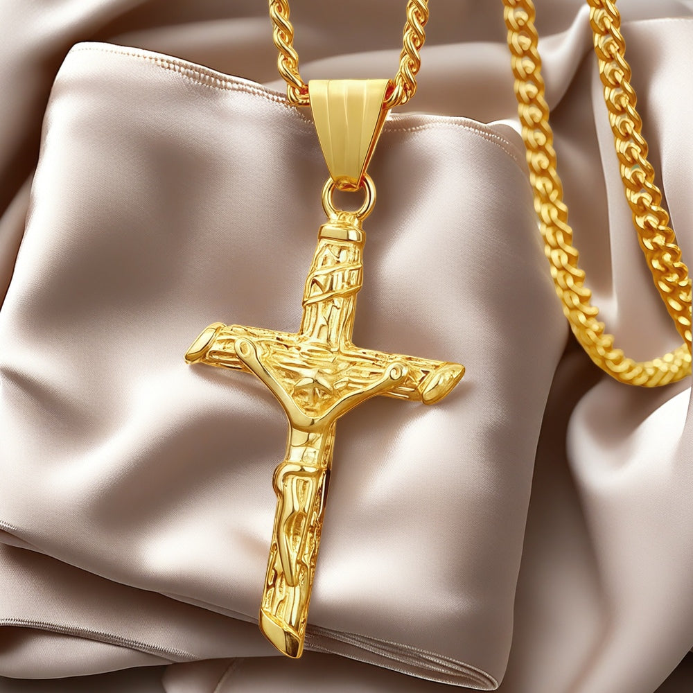 Collana a croce d'oro - Acciaio inossidabile unisex Gesù ciondolo, gioielli di fede cattolica