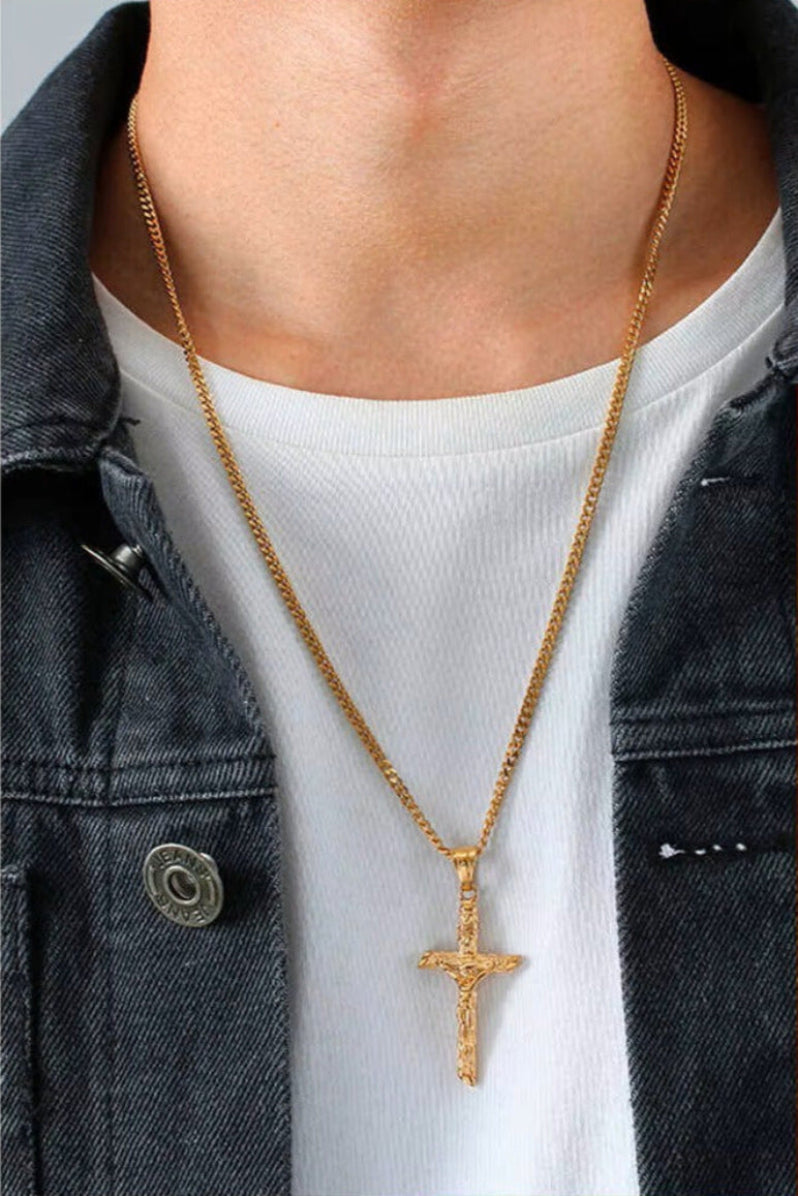 Collana a croce d'oro - Acciaio inossidabile unisex Gesù ciondolo, gioielli di fede cattolica