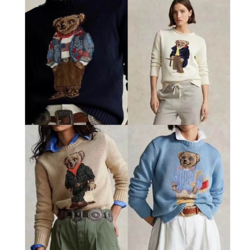 Women's Embroidered Knitted Sweater – Pure Cotton Winter Pullover with Cartoon Bear Design