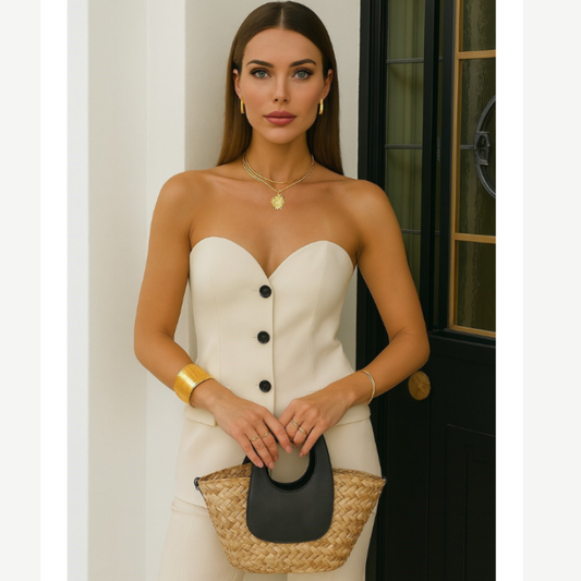 Women’s Elegant Strapless Pant Suit – Buttoned Top & Side Slit Trousers Fashion Set