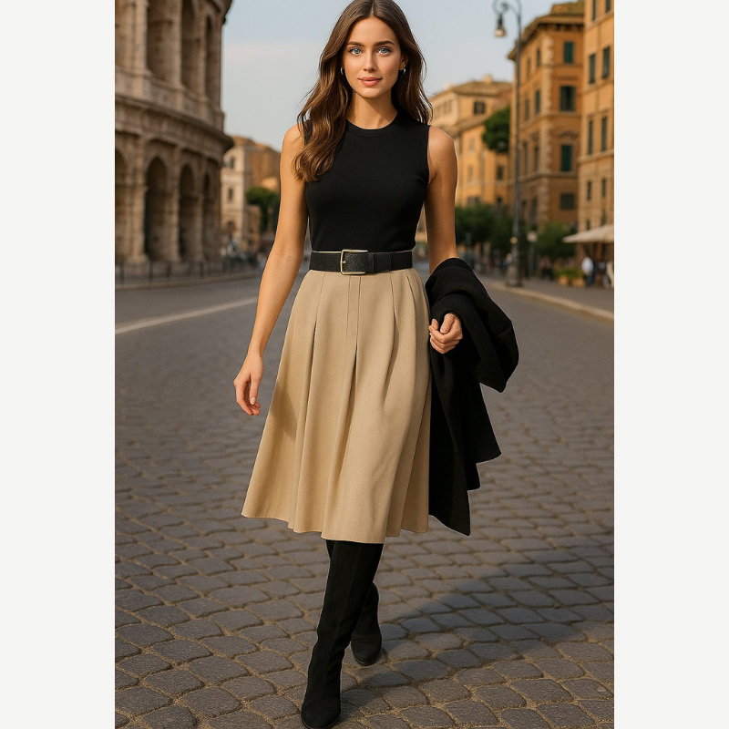 Women’s Pleated Midi Dress – Belted, Sleeveless Summer & Autumn Party Sundress