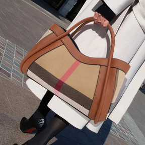 Canvas & Cowhide Leather BB Handbag – Luxury Retro Checkered Tote for Women | Large Capacity & Timeless Style