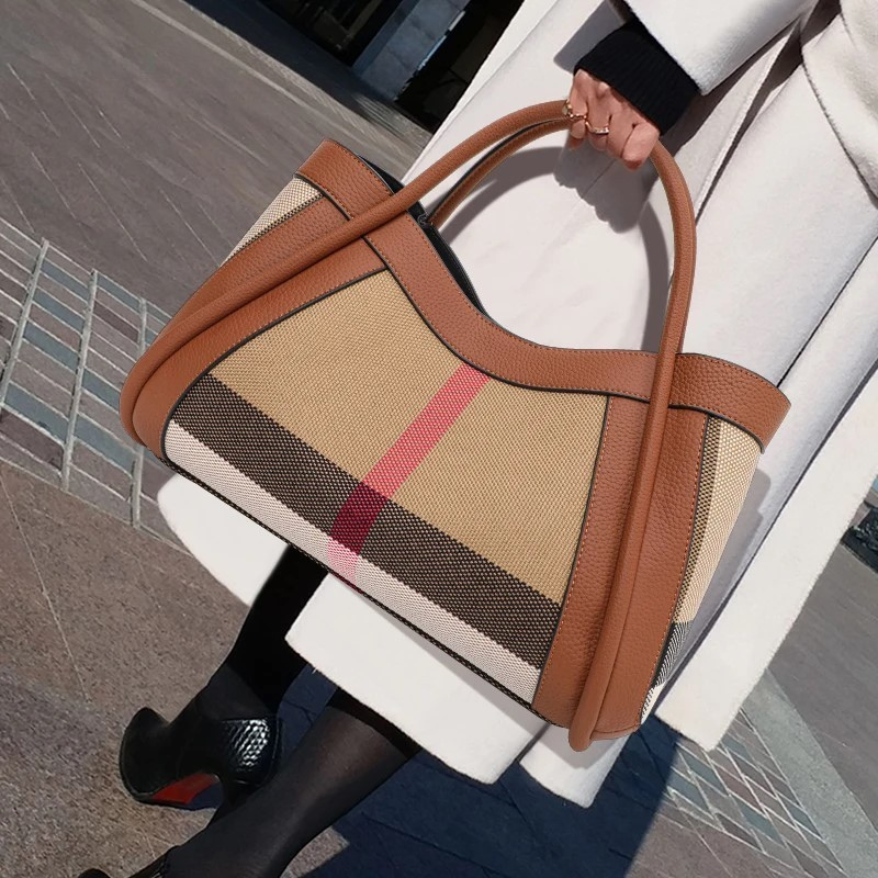 Canvas & Cowhide Leather BB Handbag – Luxury Retro Checkered Tote for Women | Large Capacity & Timeless Style