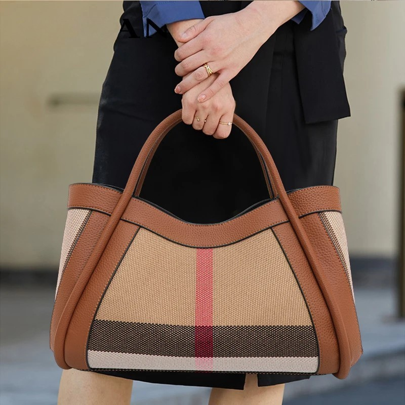 Canvas & Cowhide Leather BB Handbag – Luxury Retro Checkered Tote for Women | Large Capacity & Timeless Style
