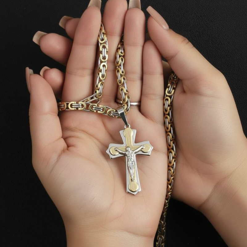 Jesus Cross Necklace  Stainless Steel Crucifix Pendant with Byzantine Chain