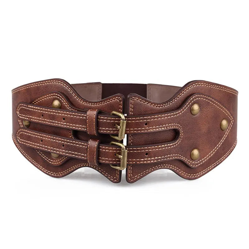 Belt Crazy Horse Leather Double Pin Buckle Women's Elastic Wide Belt All-match Women's Coat Girdle