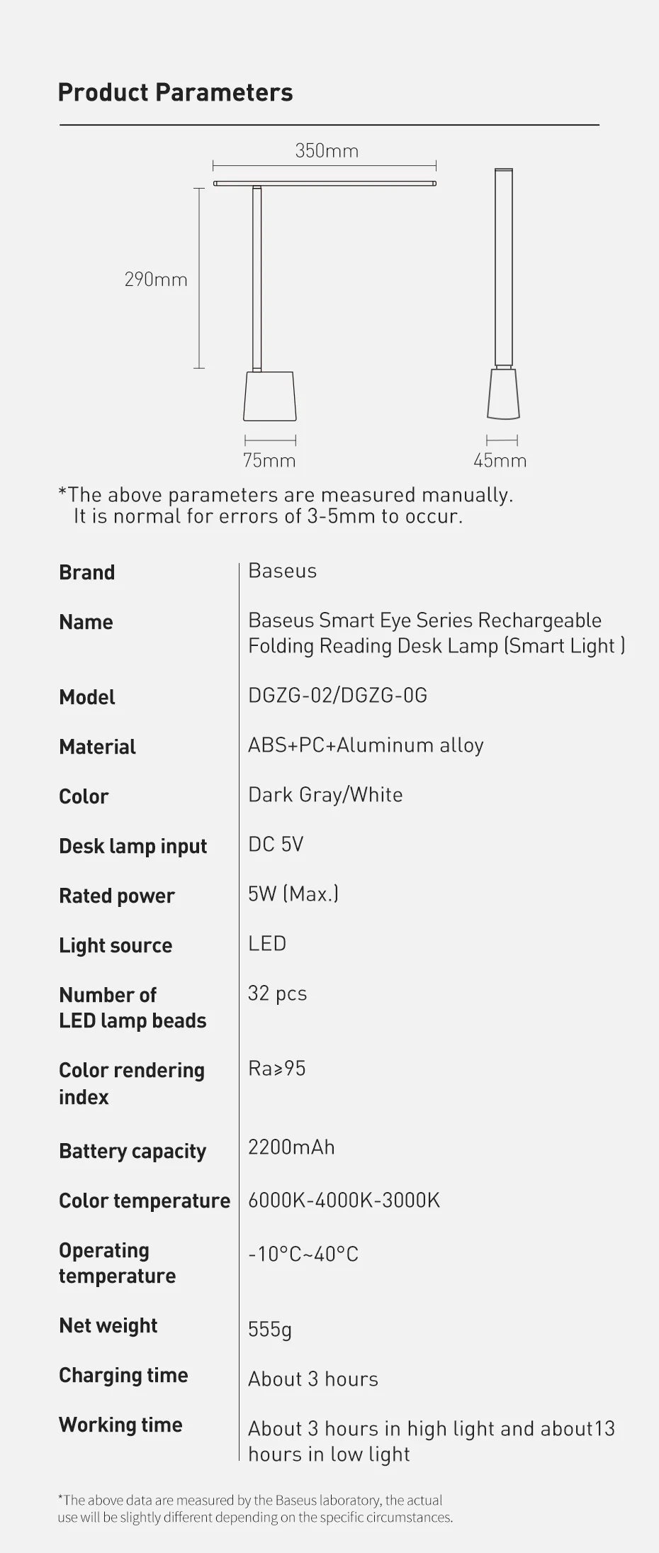 Basis ™ LED -Schreibtischlampe - Augenschutz, dimmbare, faltbare und intelligente Helligkeit