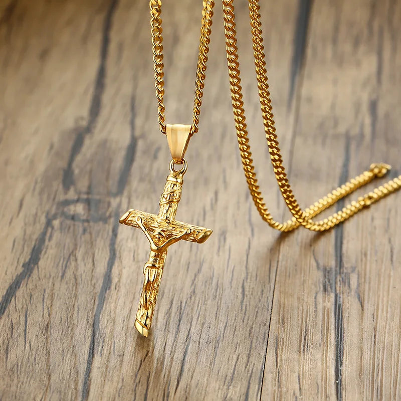 Gold Cross Necklace – Unisex Stainless Steel Jesus Pendant, Catholic Faith Jewelry