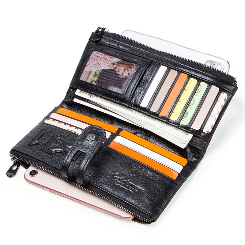 Luxury Genuine Leather Long Wallet – Multi-Card Holder, Zipper Coin Pocket & Phone Clutch