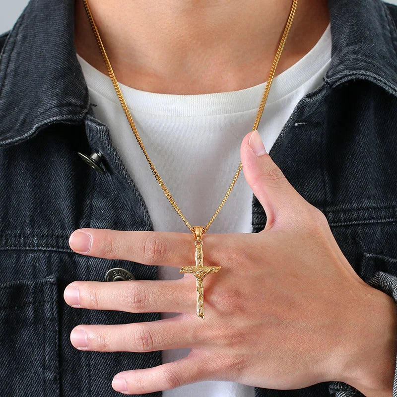 Gold Cross Necklace – Unisex Stainless Steel Jesus Pendant, Catholic Faith Jewelry