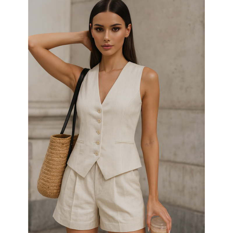 Women’s Linen Vest Shorts Set – V Neck Chic Summer Casual  Office Outfit