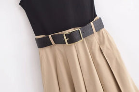 Women’s Pleated Midi Dress – Belted, Sleeveless Summer & Autumn Party Sundress
