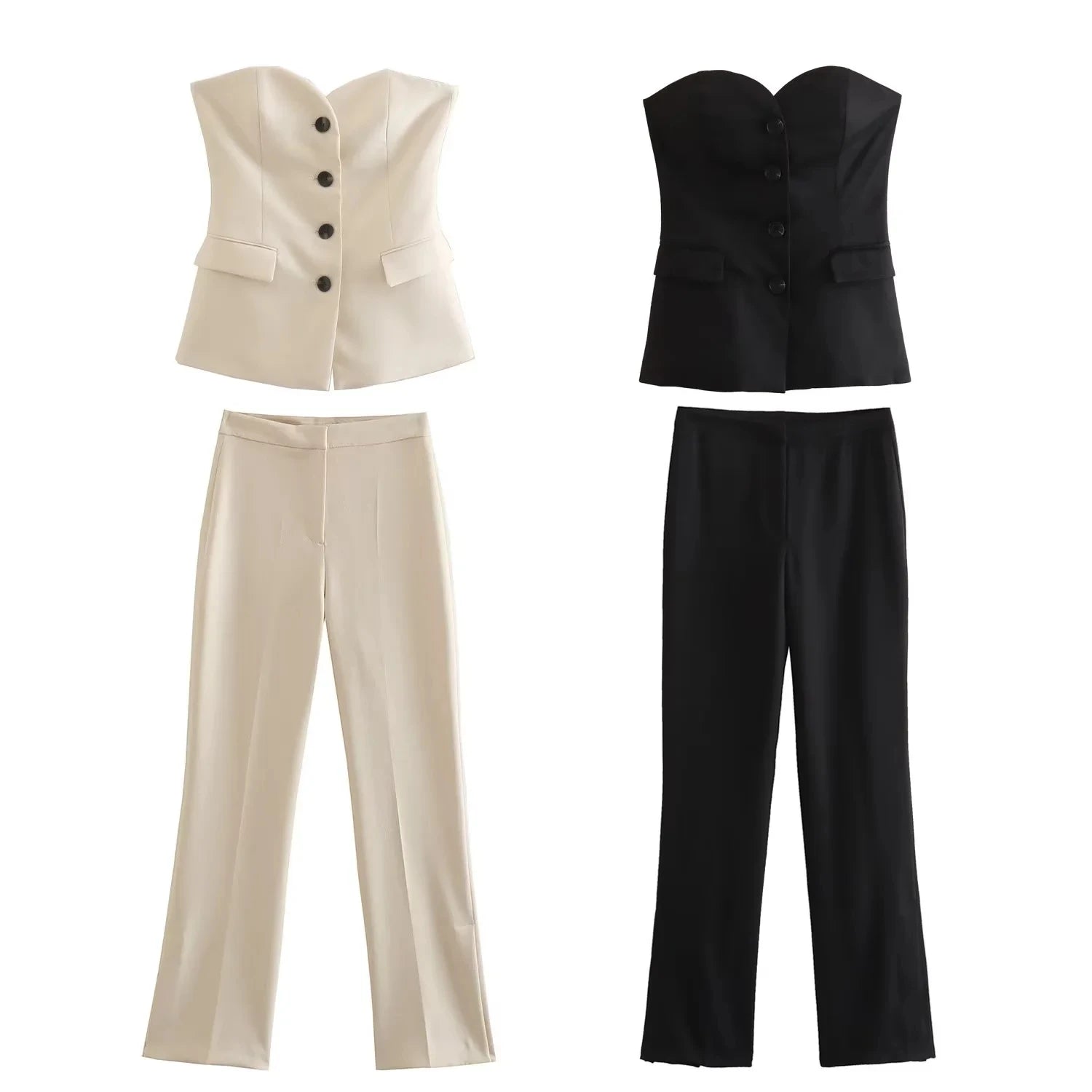 Women’s Elegant Strapless Pant Suit – Buttoned Top & Side Slit Trousers Fashion Set