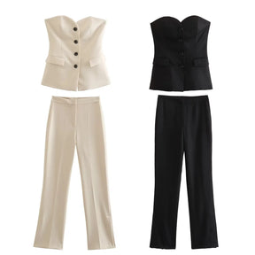 Women’s Elegant Strapless Pant Suit – Buttoned Top & Side Slit Trousers Fashion Set