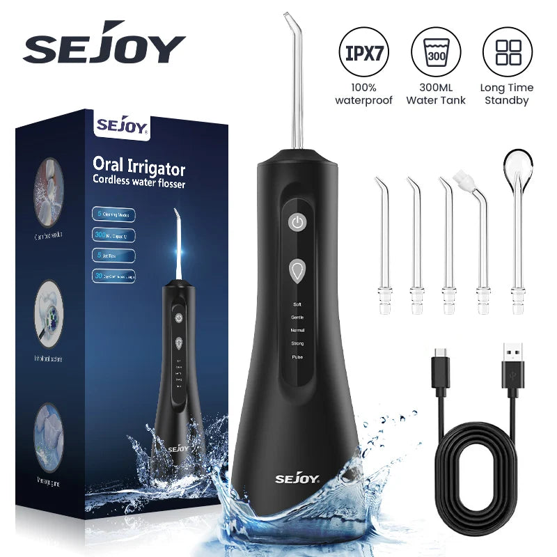 Water Flosser Cordless Oral Irrigator for Teeth Cleaning Denture Brushes for Home Travel 5 Dental Tips IPX7 Portable