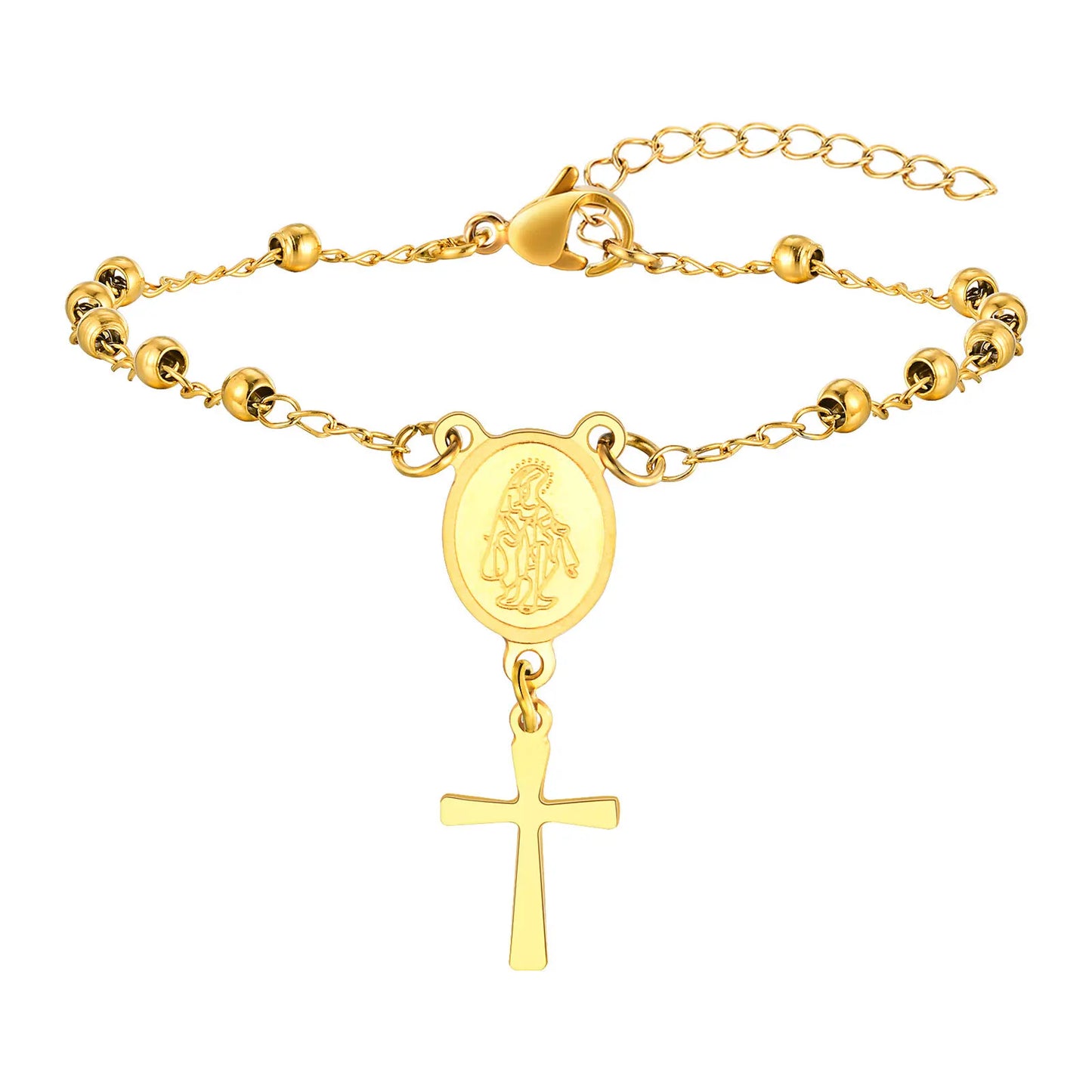Pulseira feminina de rosário de aço inoxidável banhado a ouro - pulseira da Virgem Maria com cruz