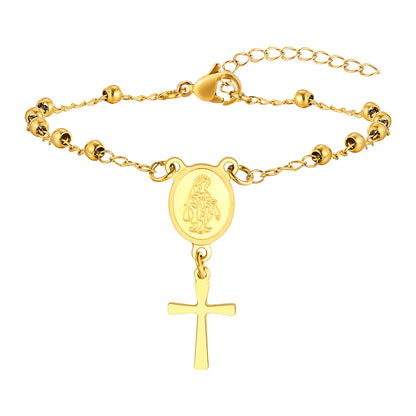 Pulseira feminina de rosário de aço inoxidável banhado a ouro - pulseira da Virgem Maria com cruz