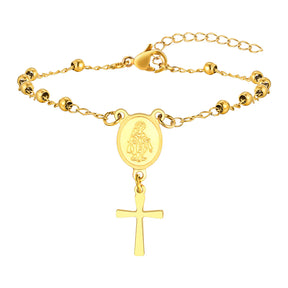 Brazalete de rosario de acero inoxidable de placa de oro para mujeres-Virgen María Pulsera de oración religiosa con cruz