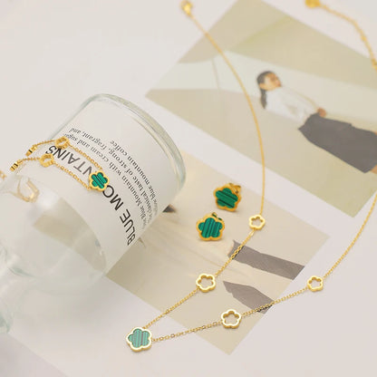 Luxe élégant vert blanc coquille fleur - trèfle à quatre feuilles boucles d'oreilles collier bracelets étanche en acier inoxydable ensembles de bijoux pour les femmes