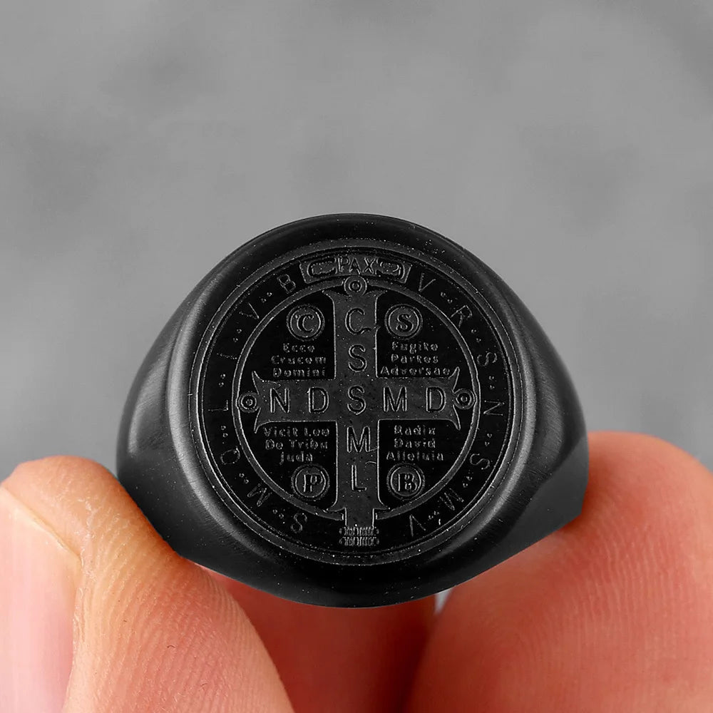 St. Benedict Cross Titanium Steel Ring – Christian Religious Jewelry Unisex