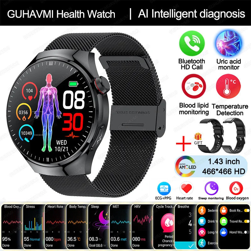 Ny omvårdnadsgrad Smart Watch Blodsyre Blod Lipid Urinsyra EKG+PPG Kroppstemperatur Bluetooth Ring Hälsa Smartwatch