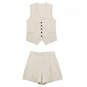 Women’s Linen Vest Shorts Set – V Neck Chic Summer Casual  Office Outfit