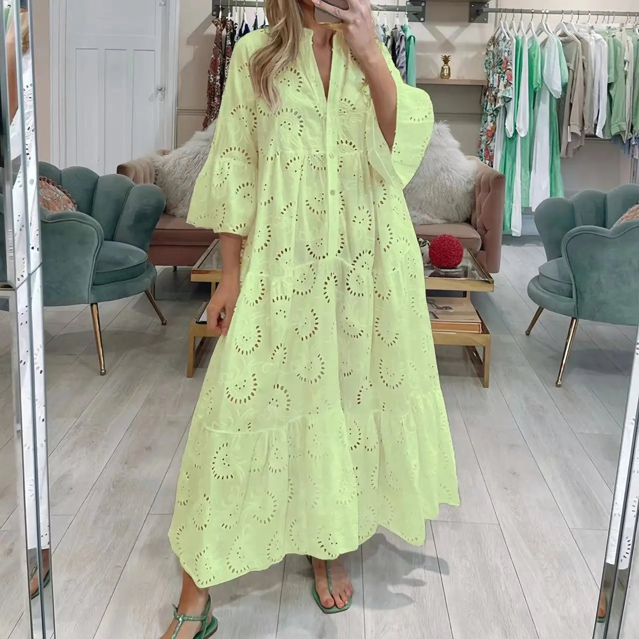 XXS-3XL Loose Fit Hollow Out Kjole til Kvinder Sommer Elegant Vintage Solid Broderi Casual V-hals Flare Sleeve Maxikjoler