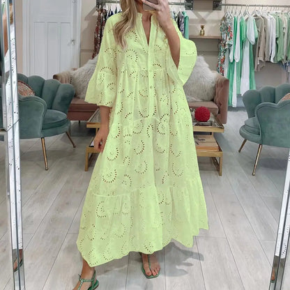 XXS-3XL Loose Fit Hollow Out Kjole til Kvinder Sommer Elegant Vintage Solid Broderi Casual V-hals Flare Sleeve Maxikjoler