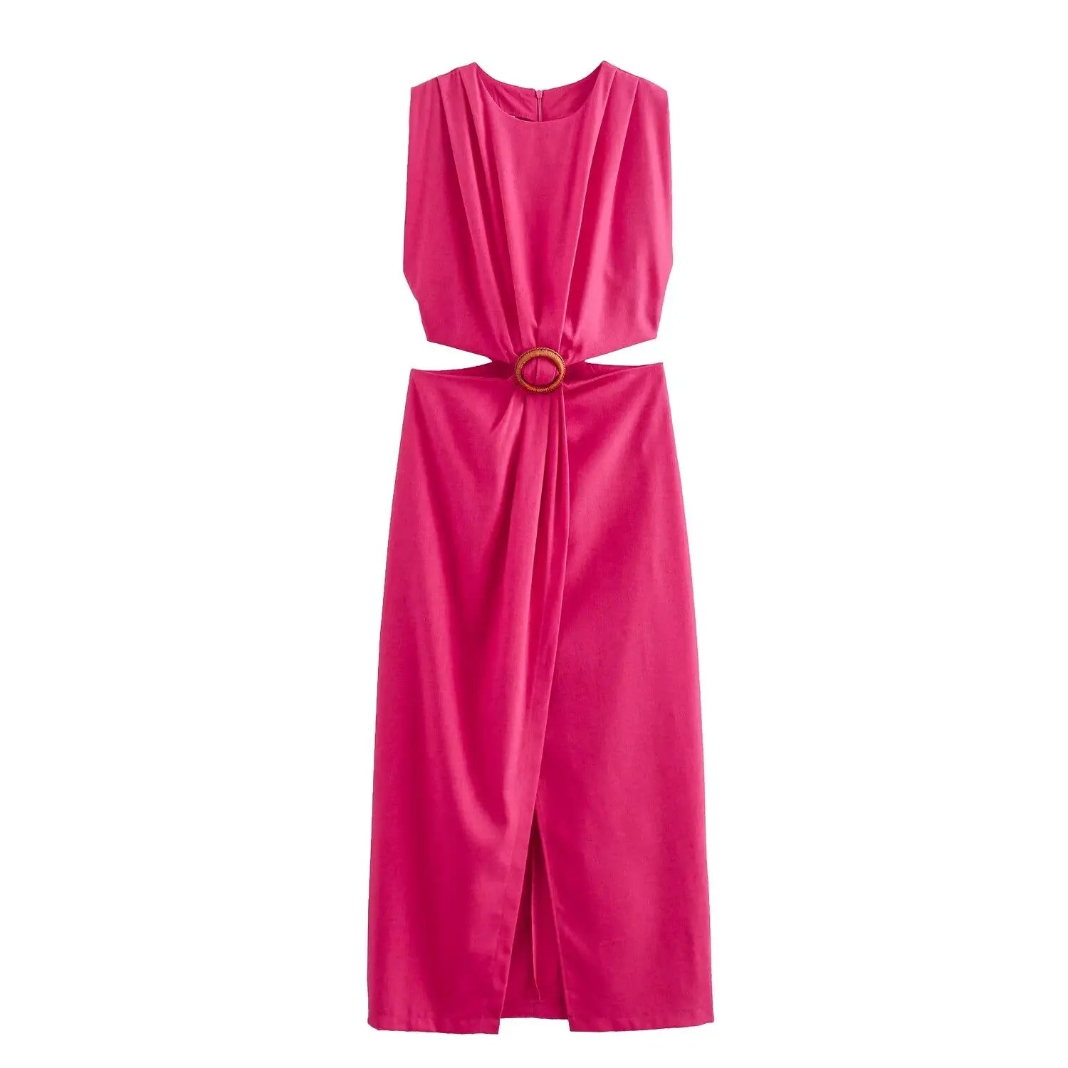Elegant Women’s Waist Cutout Dress – O-neck, Sleeveless, Slim Fit, Split Skirt