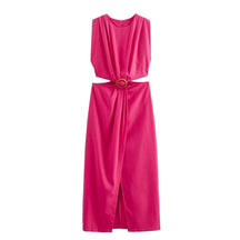 Elegant Women’s Waist Cutout Dress – O-neck, Sleeveless, Slim Fit, Split Skirt
