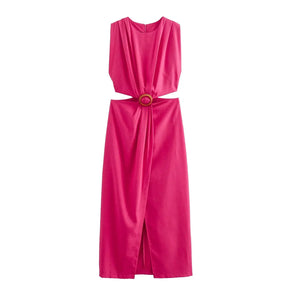 Elegant Women’s Waist Cutout Dress – O-neck, Sleeveless, Slim Fit, Split Skirt