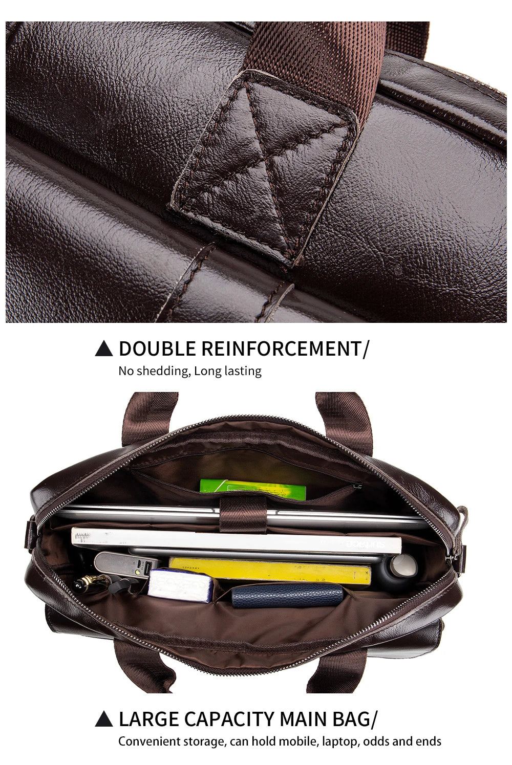 Genuine leather Unisex briefcase with double front pockets, large capacity computer bag, diagonal cross handbag  - Free Shipping to Europe