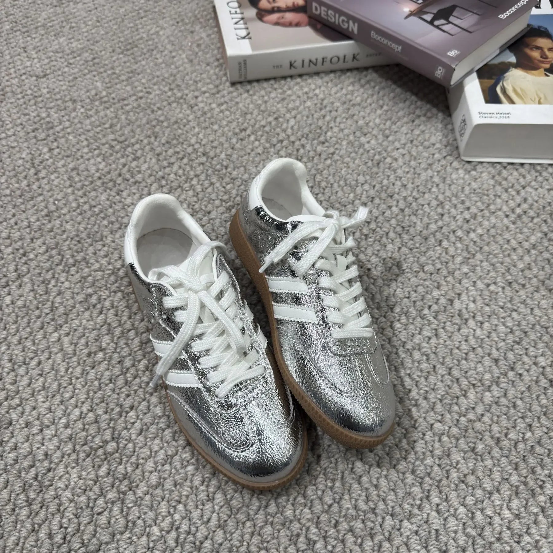 Genuine Leather Women’s Sporty Casual Shoes – Thick Sole, Three-Stripe Color Block, Comfortable Summer Footwear Amba