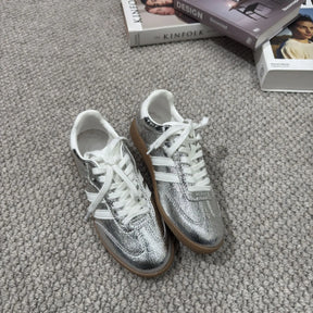 Genuine Leather Women’s Sporty Casual Shoes – Thick Sole, Three-Stripe Color Block, Comfortable Summer Footwear Amba