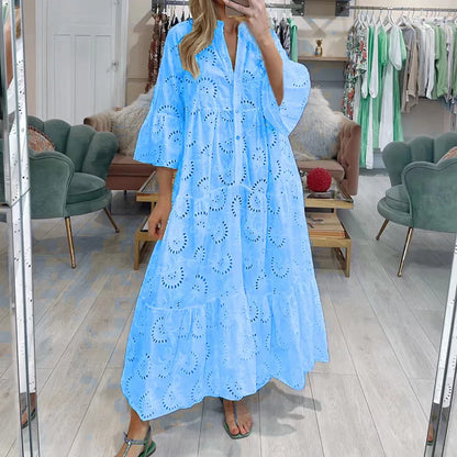 XXS-3XL Loose Fit Hollow Out Kjole til Kvinder Sommer Elegant Vintage Solid Broderi Casual V-hals Flare Sleeve Maxikjoler
